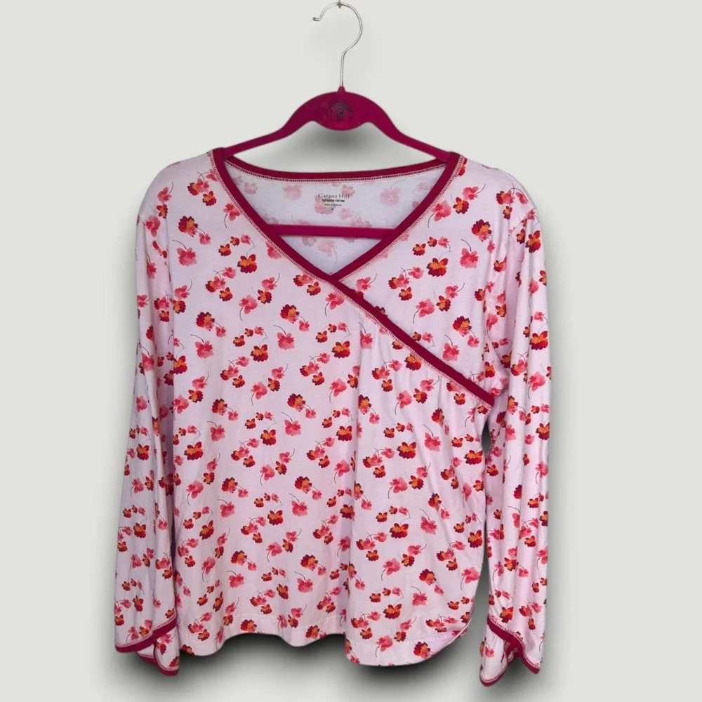 Garnet Hill Pajama Top Womens M Pink Floral Green Cotton Excellent V-Neck